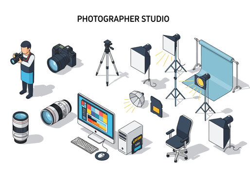 Professional photography studio setup with camera equipment, computer, and lighting gear for creating high-quality images