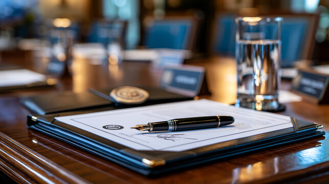 Symbolic still life of passed legislation artifacts arranged on cabinet meeting table, fountain pen resting across signed document binder, folded official seal, individual name placards, half-filled