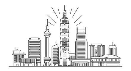 Naklejka premium Taipei City skyline linear illustration with iconic landmark buildings.