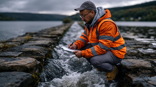 Water rushing through a narrow stone channel between two wide reservoirs, industrial engineer crouching to inspect the constriction point with a clipboard, overcast dramatic sky reflecting on still 