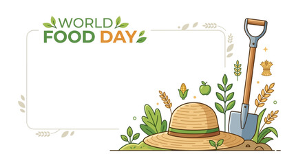 A hand drawn illustration featuring a straw hat and a shovel for World Food Day. © Adilah_Fathir
