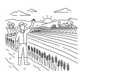Naklejka premium A line art illustration of a farmer standing in a field waving his hand.