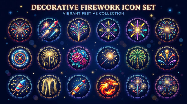 Vibrant Fireworks Icon Set, Colorful Firework Collection, 20 Decorative Fireworks Icons, Digital Graphic Elements