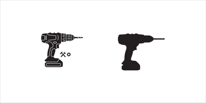 Drill and silhouette of a drill with screwdriver and wrench icons