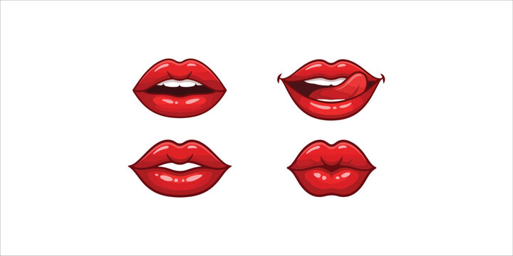 Four cartoon red female lips expressions smiling puckered pouty isolated on white background