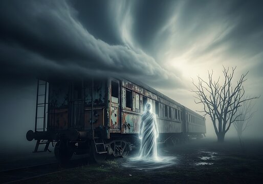 Ghostly figure standing by an old train in the dark fog illustration