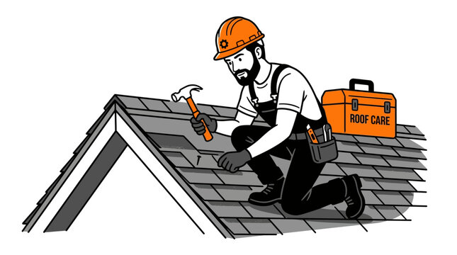 A professional roofer wearing a hard hat repairing a residential roof with a hammer.