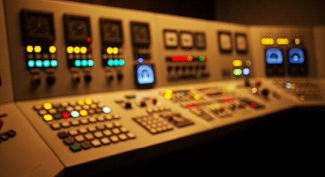 Blurred Abstract Industrial Control Panel with Glowing Buttons and Gauges for Tech Background, High Tech Command Center Dashboard Console Out of Focus