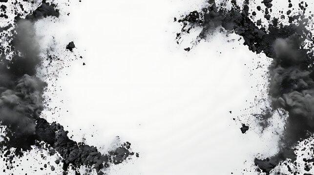 Black and white abstract ink splash with dark splatters on white background