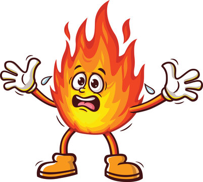 Cartoon mascot of a flame is panicking and scared