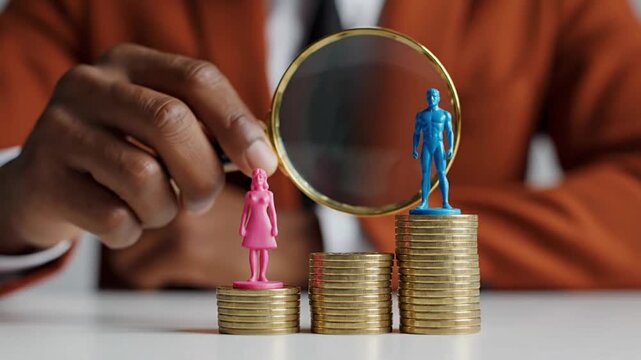 Professional examining gender pay gap with a magnifying glass, illustrating income disparity between men and women. Concept of pay equity, fair compensation, and corporate social responsibility in...