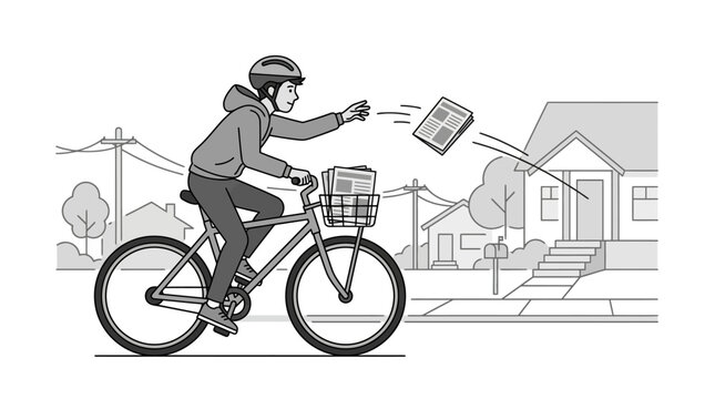 A young newspaper delivery person riding a bicycle and throwing a paper towards a house.
