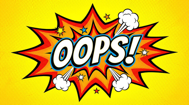 Vibrant pop art illustration of an oops word inside a comic speech bubble with dynamic explosion effect over a trendy yellow halftone background, retro vintage graphic design elements.