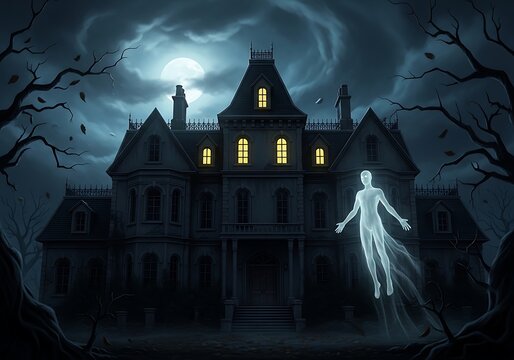 Ghost floating in front of a spooky haunted mansion at night illustration