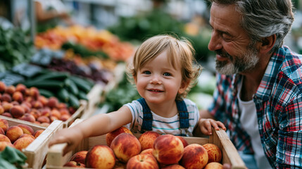 Fototapeta premium Outdoor summer farmers market at midday, toddler reaching for a wooden crate of peaches while a grandfather steadies her, surrounding stalls piled with seasonal produce, candid family moment blendin