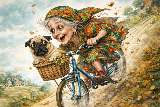 lady on a  bike with a pug