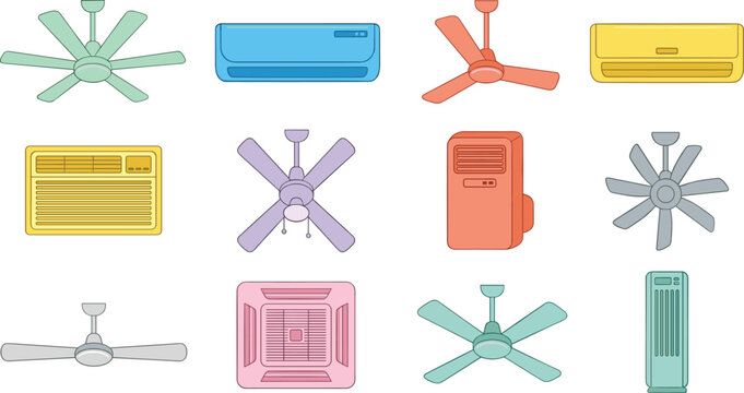 Fan and Air Conditioner Cooling Appliance Set with Ceiling Fan Split AC Window Unit Cassette Cooler Tower Fan and Exhaust Fan in Colorful Styles for Home and Office Interior Design