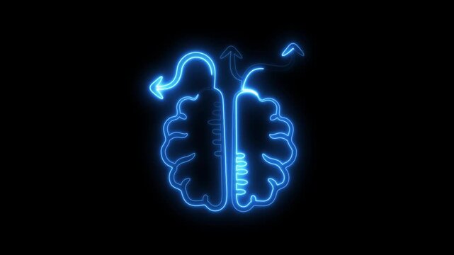 Neon brain concept with glowing arrows, mind mapping and creative thinking animation