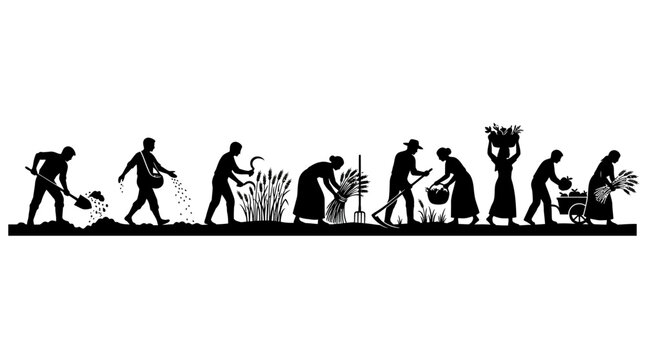 Silhouettes of farmers working in a field during various stages of agricultural production.