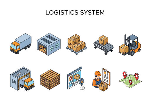 Collection of isometric logistics system icons representing delivery, warehousing, and shipping processes