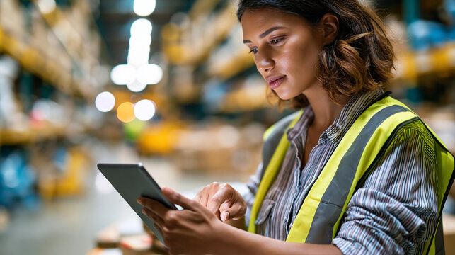 Female warehouse worker in a high-visibility vest using a digital tablet to check and update stock inventory levels in a large smart warehouse management system, defocused warehouse aisles