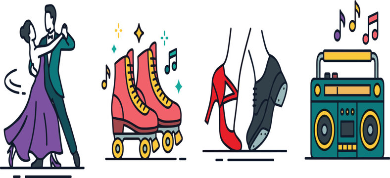 Dance and Music Entertainment Collection with Ballroom Dancing, Roller Skating, Tap Shoes, and Retro Audio Vector Illustration