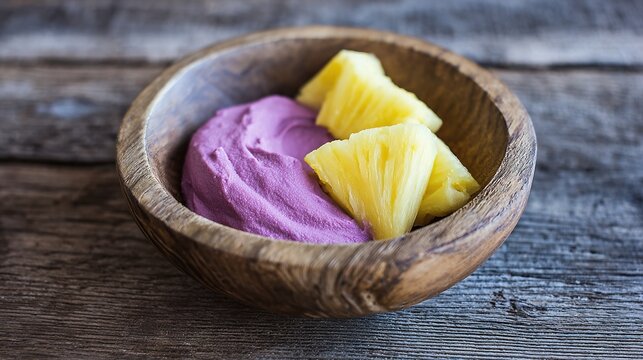 taro. Wooden bowl with purple taro paste and pineapple chunks. menu design, packaging mockups, recipe cards, designed for food delivery and cloud-kitchen brand materials, used by lab technicians.