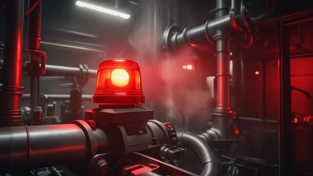 Flashing Red Warning Beacon in a Dark, Active Industrial Environment