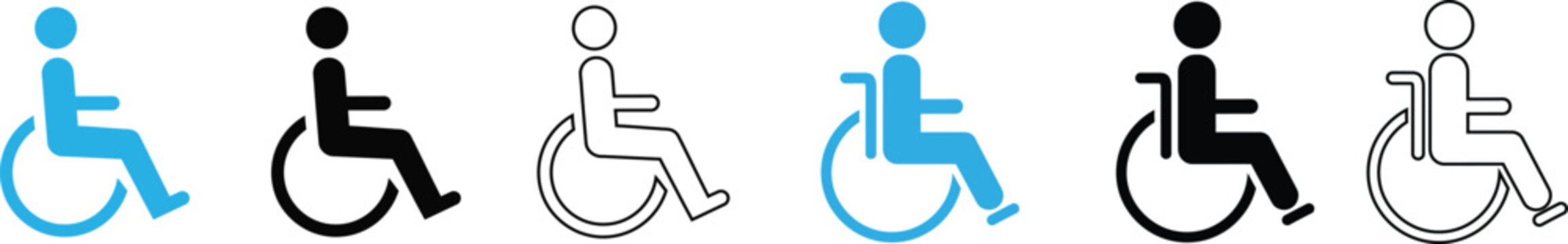Accessibility icon set wheelchair user symbols in multiple styles and colors