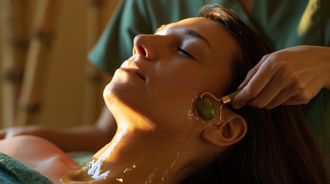 Beautician rolling a polished stone roller along a client's oiled jawline in golden light.
