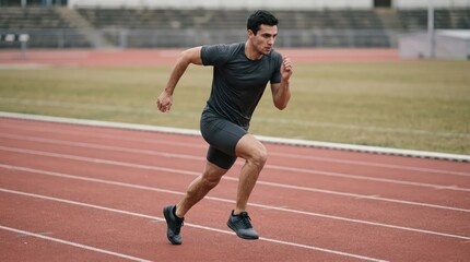 Obraz premium Focused Athletic Man Sprinting on Outdoor Running Track in Stadium