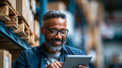 Obraz premium Male warehouse professional using a tablet computer while positioned beside tall shelving units stacked with cardboard boxes, conducting stock verification and order fulfillment checks,