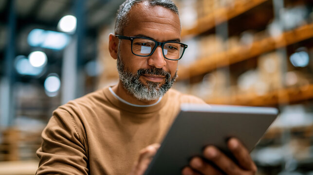 Close-up portrait of a warehouse manager in a casual brown sweater using a tablet to analyze specific goods quantities and product set counts in a busy warehouse environment, defocused
