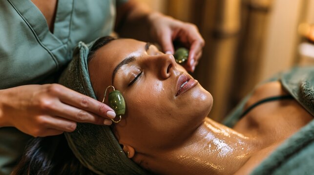 Beautician rolling a polished stone roller along a client's oiled jawline in golden light.