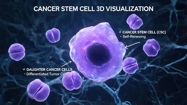 3D Visualization of Cancer Stem Cell (CSC), Labeled Medical Illustration Showing Self‑Renewing Cancer Stem Cell and Differentiated Daughter Cancer Tumor Cells, Oncology and Cancer Biology Graphic
