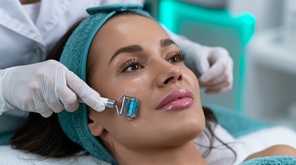 Naklejka premium Esthetician rolling a microneedling device across a client's cheek in a salon.