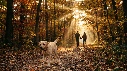 Fototapeta premium Golden Labrador Retriever strolling along seasonal woodland trail at sunset with blurred couple walking behind in autumn park landscape covered with dry colorful foliage and warm evening light.