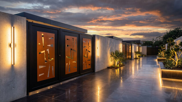 High-end contemporary home entrance, stylish black and orange gate with artistic metalwork, glowing vertical wall lamps, sleek concrete walls, reflective tiled pathway, moody sunset clouds, cinematic 