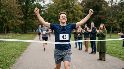Obraz premium Happy Male Runner Crossing Finish Line on Park Path During Race
