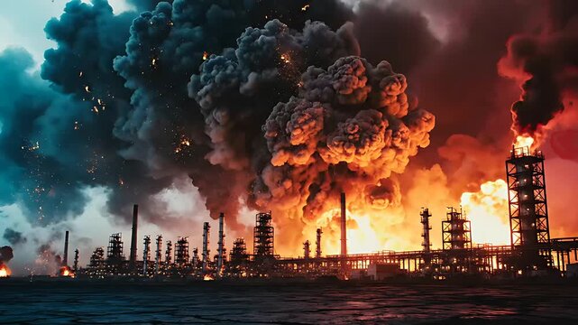 Large scale explosion and fire at an industrial oil refinery complex. Thick black smoke and bright orange flames engulf the infrastructure under a dark sky. Concept of industrial disaster and hazard.