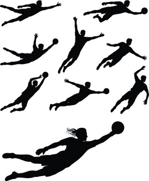 Handball Goalkeeper Silhouette Collection with Diving Saves and Ball Catching Action Poses Vector Illustration Set
