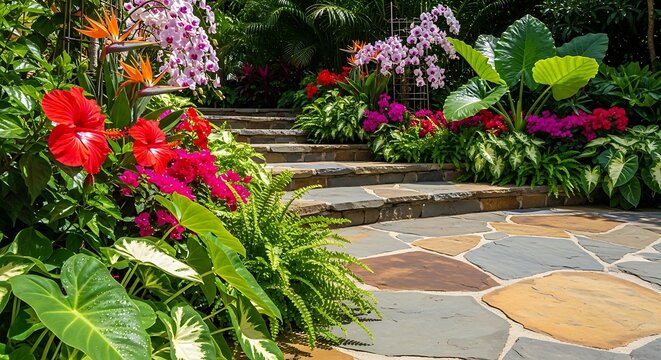 Lush tropical garden with a winding flagstone path and steps, surrounded by vibrant flowers and diverse green foliage under bright sunlight.