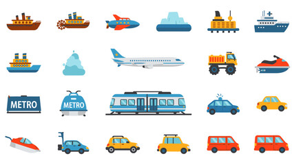 Naklejka premium Set of Various Transportation Vehicles Flat Vector Icons for Design and Infographic Elements