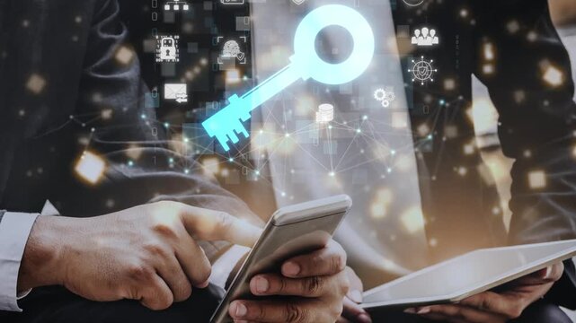 Business professionals using mobile device with digital key icon, representing security, technology, and innovation in modern communication and finance solutions Sigmoid
