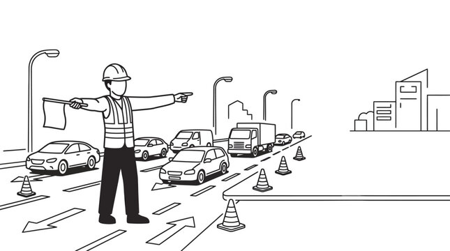 A construction worker directing traffic with a flag on a city road.