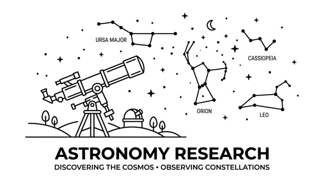 Line art illustration of a telescope and constellations for astronomy research.