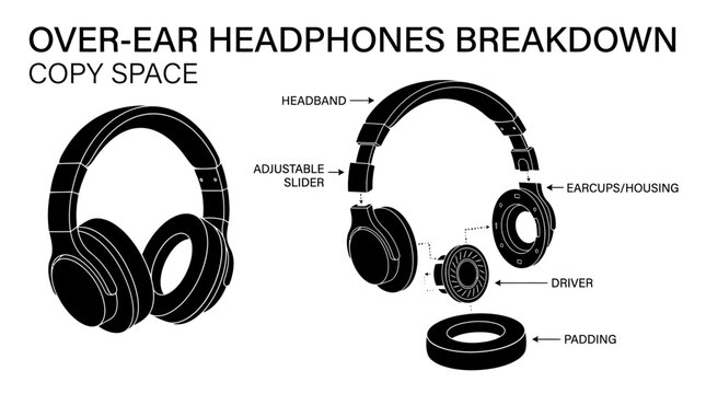 Technical diagram showing the exploded view and structural components of over ear headphones.