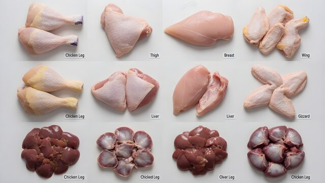 Raw chicken meat cuts collection, fresh poultry parts including breast, thigh, wing and leg, assorted organic chicken giblets and offal
