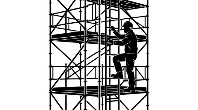 A construction worker climbing a metal scaffolding structure in a silhouette style.