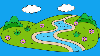 Colorful snail crawling on green hill with flowers and clouds © Devili